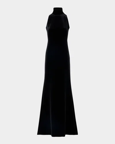 Akris Mock-neck Fringe Knot Sleeveless Velvet Trumpet Gown In Black