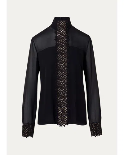 Akris Mock-neck Lace Inset Long-sleeve Blouse In Black