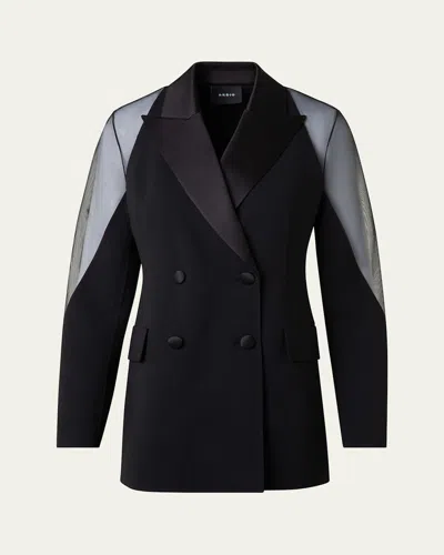 Akris Nadine Tulle-sleeve Wool Double Breasted Blazer In Black