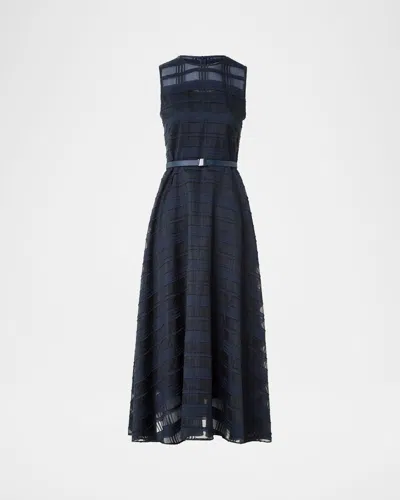 AKRIS ORGANDY PLAID SLEEVELESS A-LINE MIDI DRESS WITH BELT