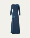 Akris Organza Anemone Corsage Long-sleeve Crepe Gown In Blue