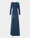 Akris Organza Anemone Corsage Long-sleeve Crepe Gown