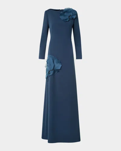AKRIS ORGANZA ANEMONE CORSAGE LONG-SLEEVE CREPE GOWN