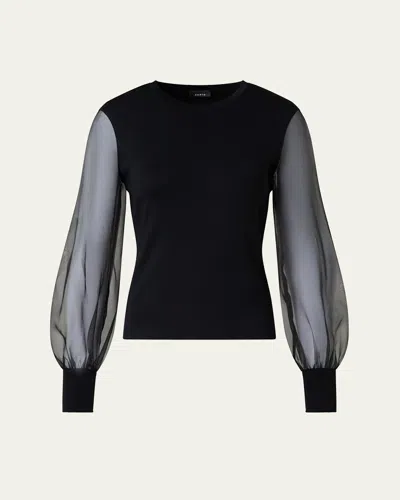 Akris Organza Long Sleeve Knit Sweater In Black