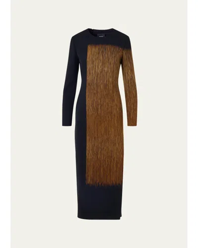 Akris Oro Lienzo Print Wool Crepe Long-sleeve Midi Dress In Black