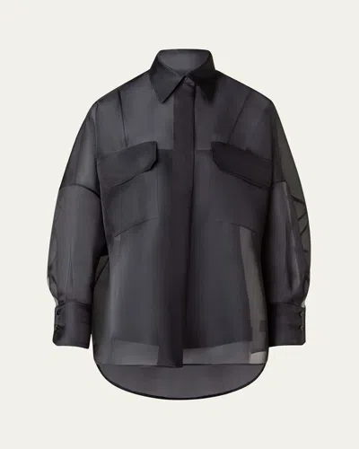 Akris Oversized Button Down Silk Organza Blouse In Black