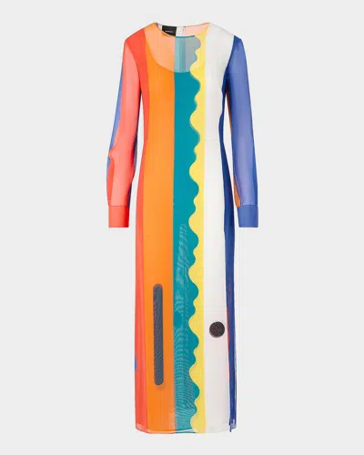 Akris Paravent-print Silk Long-sleeve Slits Maxi Dress In Multi