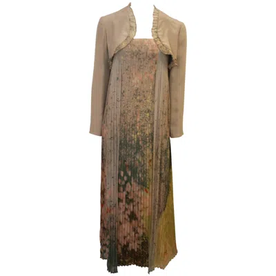 Pre-owned Akris Pastel Silk Chiffon Pleated Floral Print Gown With Bolero - 4 In Brown