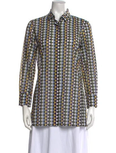 Pre-owned Akris Patterned Long Sleeve Button-up Top In Green