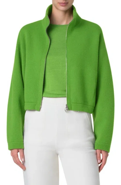 Akris Cashmere Knit Short Zip Cardigan In Grass Green