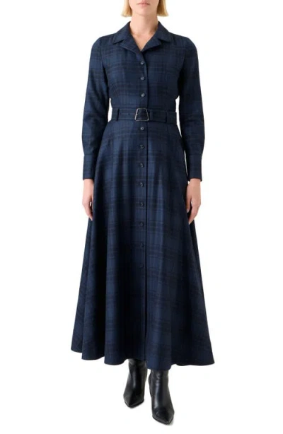 Akris Plaid Long Sleeve Wool Flannel Belted Shirtdress In Blue