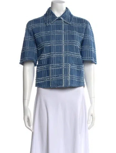 Pre-owned Akris Plaid Print Short Sleeve Button-up Top In Blue