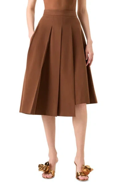 Akris Pleated Asymmetrical Cotton & Wool Gabardine A-line Midi Skirt In Brown
