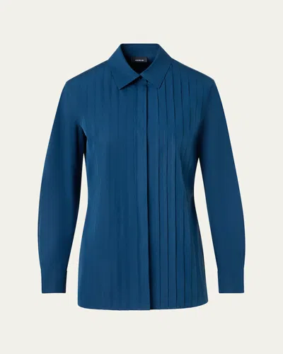 Akris Pleated Front Cotton Poplin Button-down Shirt In Blue