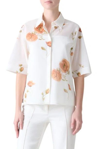 Akris Poppy Print Short Sleeve Button-up Shirt