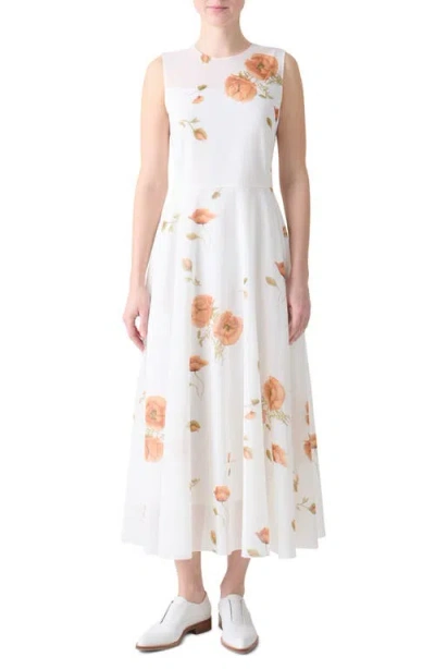 AKRIS AKRIS POPPY PRINT SLEEVE COTTON MIDI DRESS