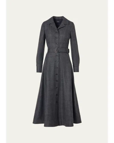 Akris Prince Of Whales Wool Stretch Flannel Belted Midi Shirtdress In Gray