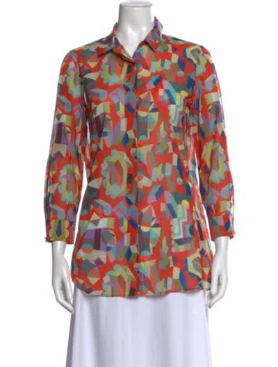 Pre-owned Akris Printed Three-quarter Sleeve Button-up Top In Orange