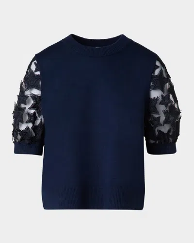 Akris Punto 3d Star Embroidered Short-sleeve Knit Sweater In Ink