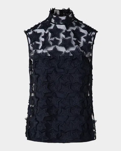 Akris Punto 3d Star Embroidery Tulle Blouse In Navy