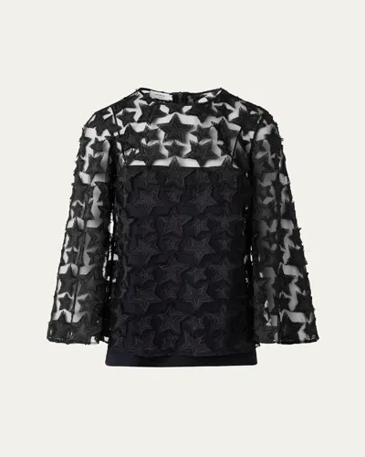 Akris Punto 3d Star Embroidery Tulle Loose Blouse In Black