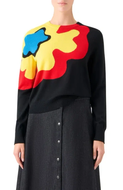 Akris Punto Abstract Floral Intarsia Virgin Wool Sweater In Black