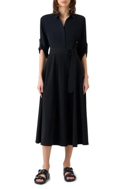 Akris Punto Belted Laser Cut Crepe Midi Shirtdress In Black