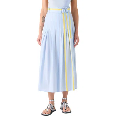 Akris Punto Belted Pleated Stripe Chambray Midi Skirt In Blue
