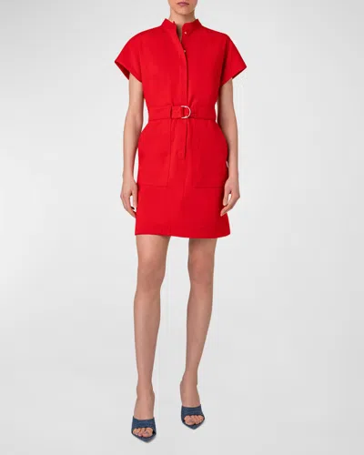Akris Punto Belted Short-sleeve Cotton Stretch Denim Mini Dress In Red