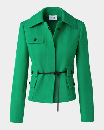 Akris Punto Belted Wool Tricotine Fitted Jacket In Sea Green-navy