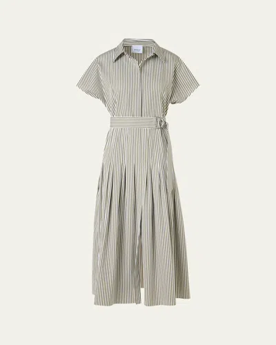 Akris Punto Cap-sleeve Belted Cotton Poplin Pleated Midi Shirtdress In Green