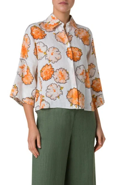 Akris Punto Carnation Print Linen Button-up Shirt In Orange-multi