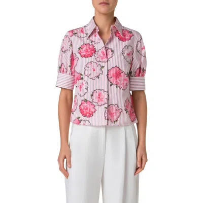 Akris Punto Carnation Print Stripe Short Sleeve Cotton Poplin Button-up Shirt In Cream-pale Pink