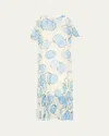 Akris Punto Carnation-print Viscose Georgette Short-sleeve Midi Dress In Sky-multi