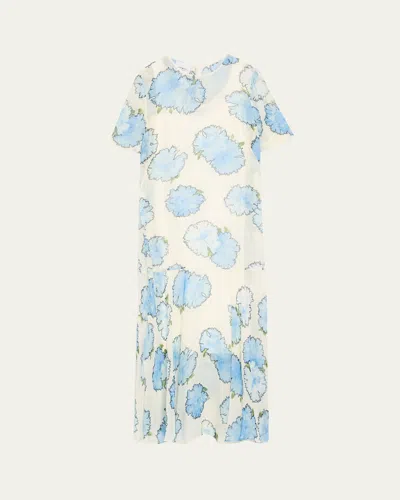 Akris Punto Carnation-print Viscose Georgette Short-sleeve Midi Dress In Sky-multi
