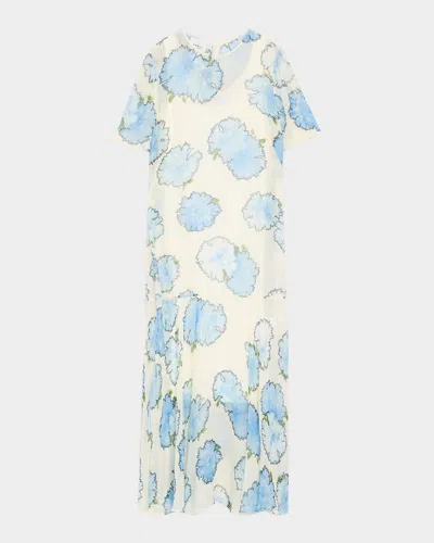 AKRIS PUNTO CARNATION-PRINT VISCOSE GEORGETTE SHORT-SLEEVE MIDI DRESS