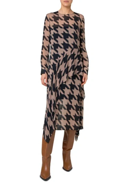 Akris Punto Check Print Long Sleeve Layered Chiffon Midi Dress In Beige-black