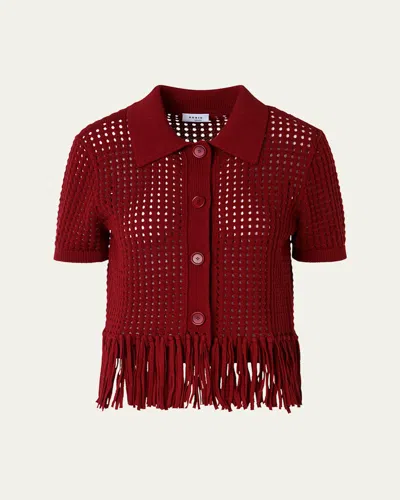 Akris Punto Chunky Cotton Mesh Knit Fringed Collared Cardigan In Blue