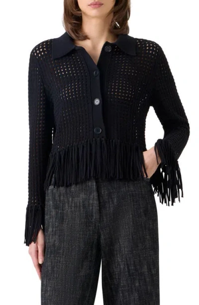 Akris Punto Chunky Fringe Open Stitch Cotton Cardigan In Black