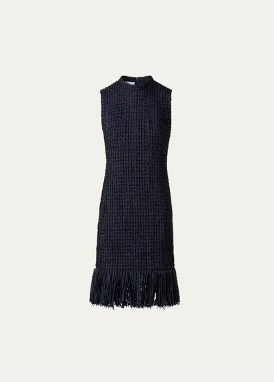Akris Punto Chunky Tweed Sheath Dress With Fringed Hem In Navy