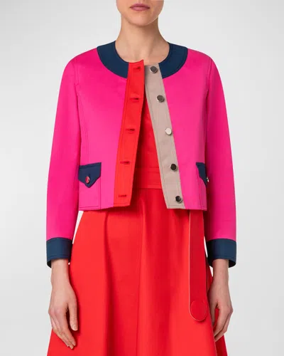 Akris Punto Colorblock Cotton Gabardine Crop Jacket In Pink-ink-beige-red