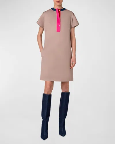 Akris Punto Colorblock Cotton Gabardine Stretch Short-sleeve Shift Dress In Beige-pink-red-ink