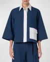 AKRIS PUNTO COLORBLOCK COTTON POPLIN BOXY COLLARED BLOUSE