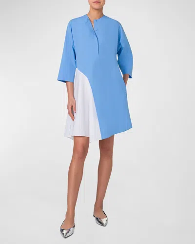 Akris Punto Colorblock Inset Bracelet-sleeve Cotton Poplin Mini Shirtdress In Sky-cream