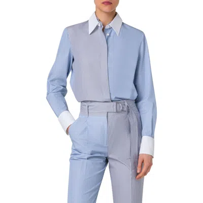 Akris Punto Colorblock Microstripe Cotton Batiste Button-up Shirt In Ink-sapphire-cream
