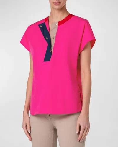 Akris Punto Colorblock Short-sleeve Cotton Poplin Blouse In Pink-ink-beige-red