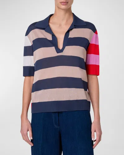 Akris Punto Colorblock Striped Knit Polo Sweater In Ink-beige-pink-re