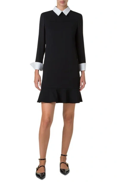 Akris Punto Contrast Collar And Cuffs Long-sleeve Mini Dress In Black