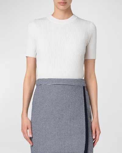 Akris Punto Contrast Piping Short-sleeve Rib Sweater In Cream-navy