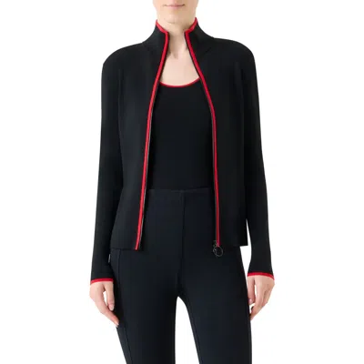 AKRIS PUNTO AKRIS PUNTO CONTRAST TRIM STRETCH MERINO WOOL ZIP FRONT CARDIGAN